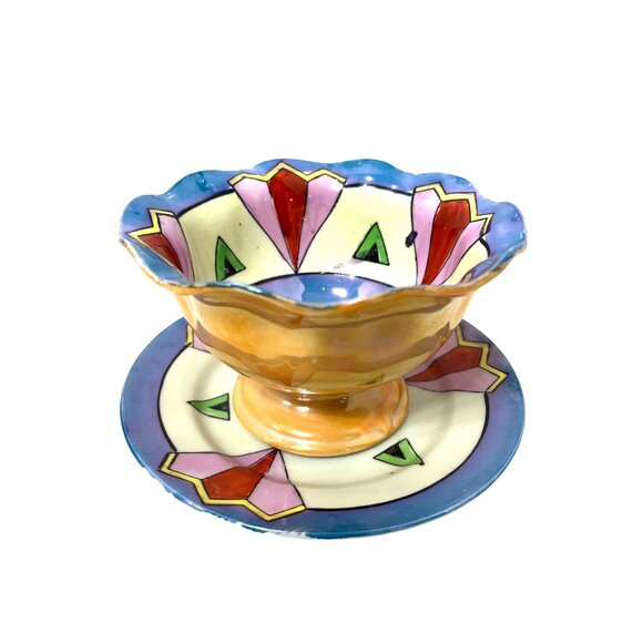 TT  Takito Hand Painted Japan Footed Scalloped Edge Luster Ware Bowl & Plate - Picture 6 of 6